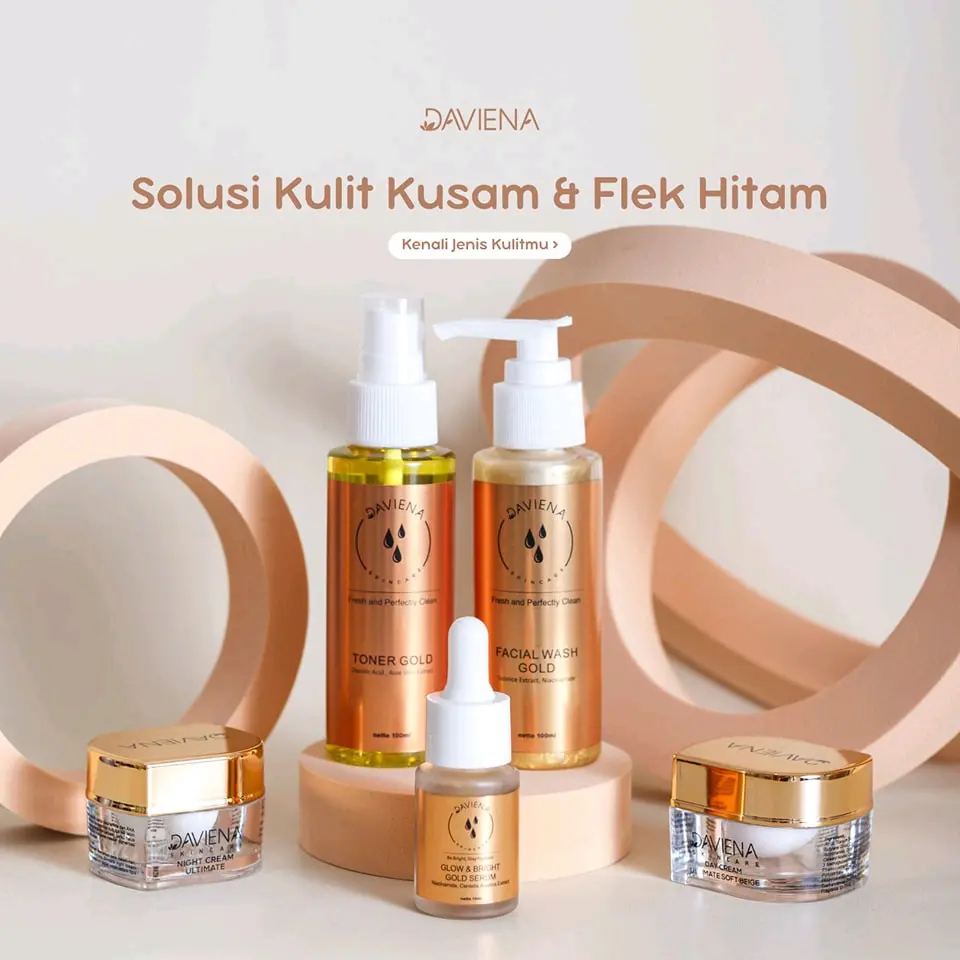 Daviena Official - Paket Gold Series Daviena Skincare | 5 Item Mengencangkan Memudarkan Mencerahkan Membersihkan Kotoran Pencerah Vitamin Wajah Acid Glycolic Kerutan Hitam