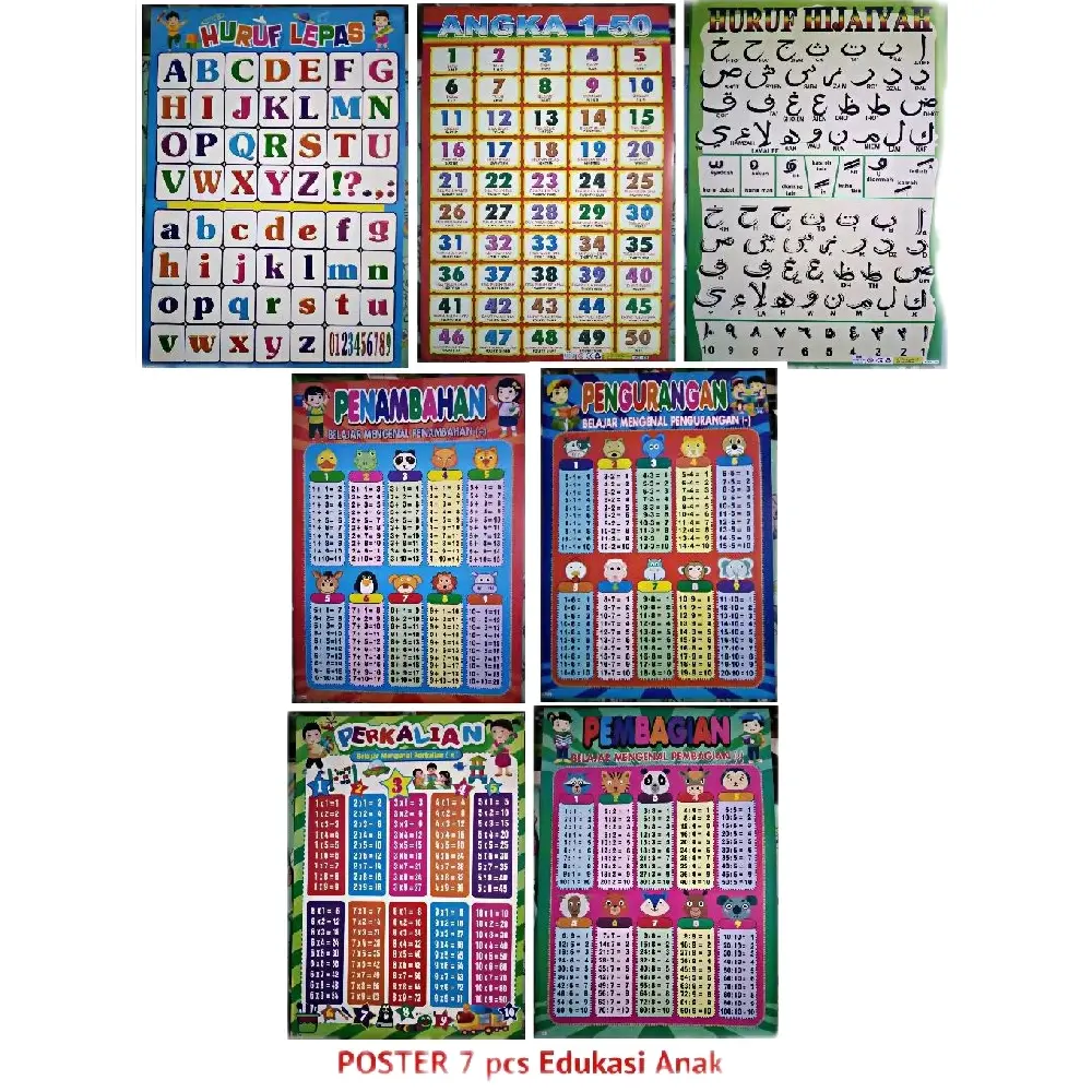 Paket 7 Pcs Poster Edukasi Anak ( Huruf, Angka, Hijaiyah, Penambahan, Pengurangan, Pembagian, Perkalian mainan
