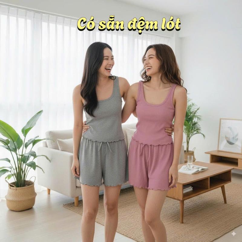(Có sẵn mút) Bộ đồ ngủ, Set mặc nhà cho nữ áo ba lỗ viền bèo vải thun tăm co giãn T087 - T2 Fashion