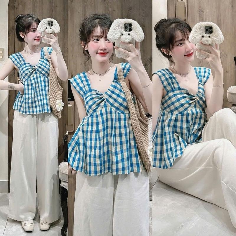 Set bộ nữ áo caro sọc ngắn tay cổ tròn form rộng mix quần dài ống suông xinh xắn dành cho nàng diện di chơi.
