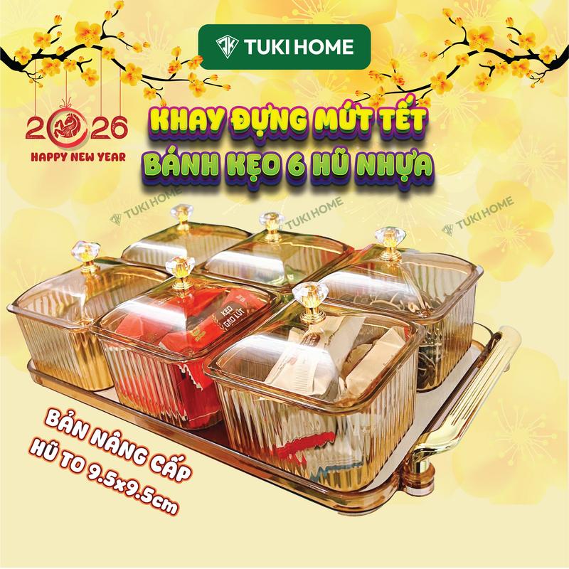 Khay đựnġ mứt Tết 2026 bộ 6 hũ nhựa KHAY NHỰA Màu Vàng Hổ Phách có nắp khay đựnġ bánh kẹo các loại hạt có tay cầm để phòng khách sang trọng