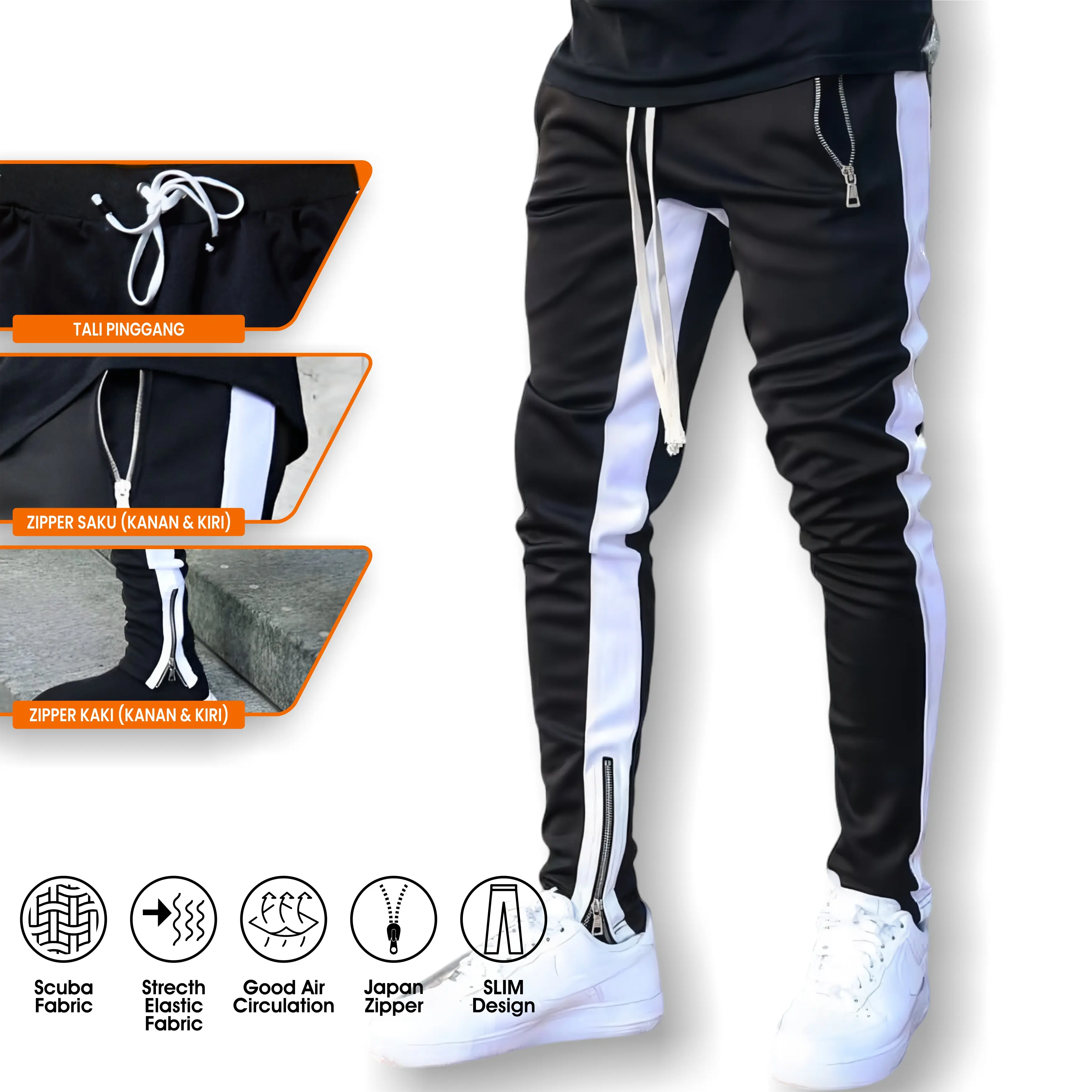 Celana Pria Hypebeast Hitam Strip Putih Depan Belakang Bahan Osaka Streach