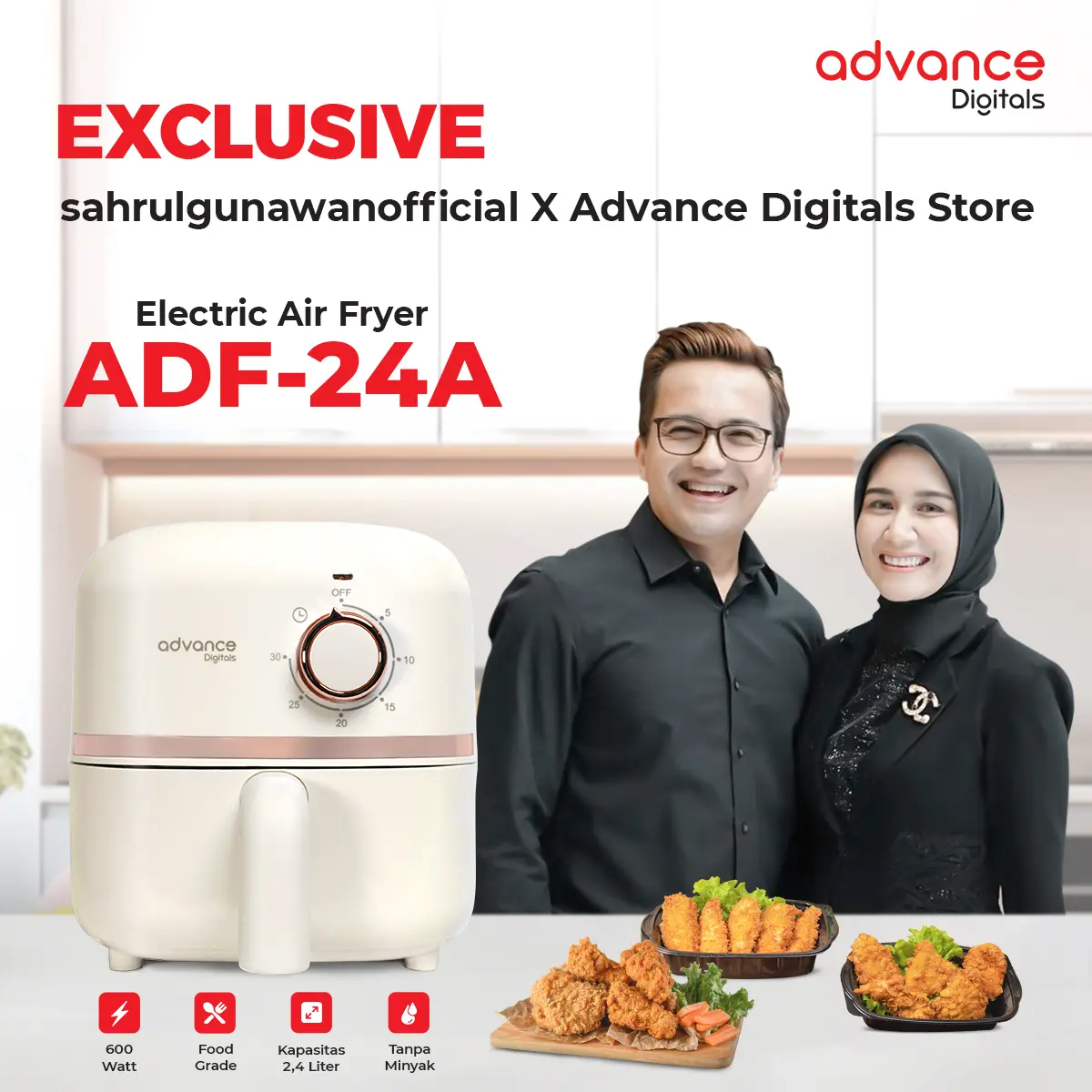 [ Advance X Sahrul Gunawan ] Advance Electric Air Fryer ADF-24A Mesin Penggoreng Tanpa Minyak Garansi Resmi Advance 1 Tahun Stainless Wadah