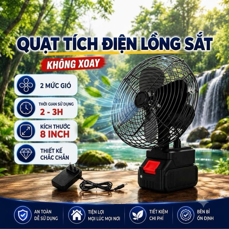 [Deal LIVE Rẻ Số 1]  Quạt Không Xoay + Pin 10cell + Sạc. Quạt Không Xoay Lồng Sắt Cánh Sắt Siêu Bền 2 Cấp Độ Gió, Pin 10 cell, Tặng sạc, Bảo Hành 12thg