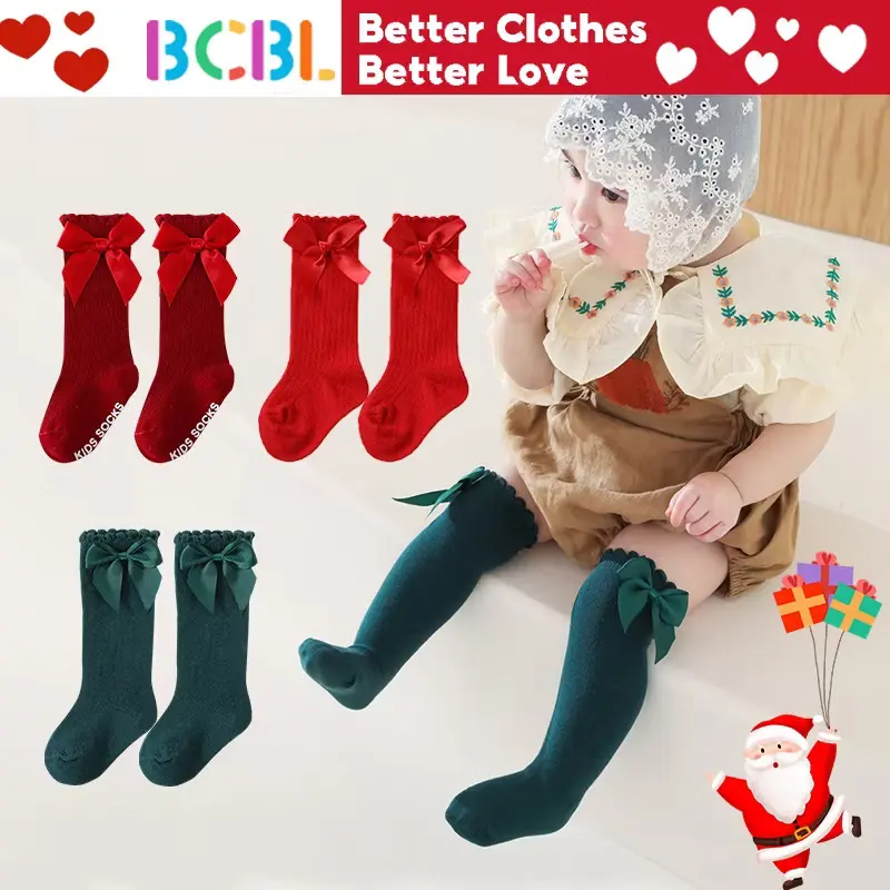 Tất Sọc Trơn Cho Bé Trai Và Bé Gái, Tất Giữa Cho Em Bé Làm Bằng Cotton Nguyên Chất, Có Miệng Bong Bóng Chống Trượt, Có Nơ, Hàng Mới Về