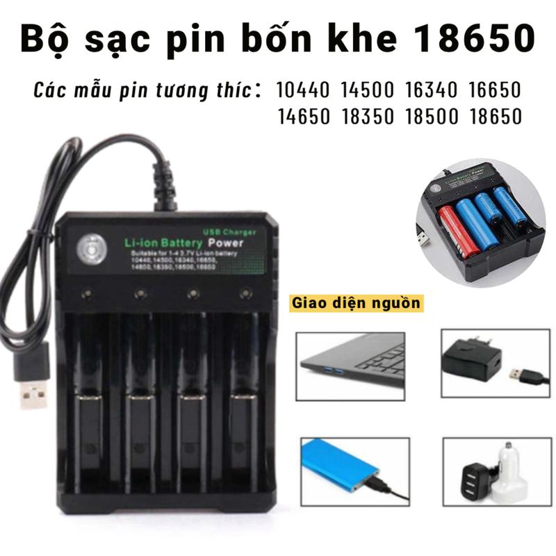 Sạc Pin Tự ngắt và có đèn báo khi đầy 4 Khe cao cấp dùng cho pin 18650 AA