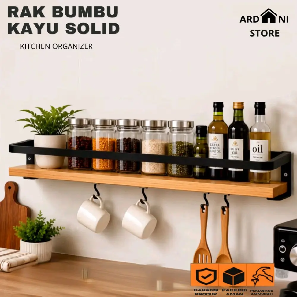 Rak Dinding Dapur Kayu Asli Besi Minimalis dengan Finishing Doff industrial aesthetic premium