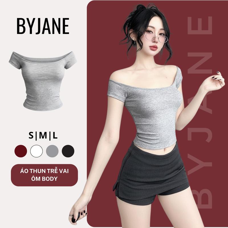 Áo trễ vai ngắn tay ngắn tay ôm body cotton basic -BYJANE-606
