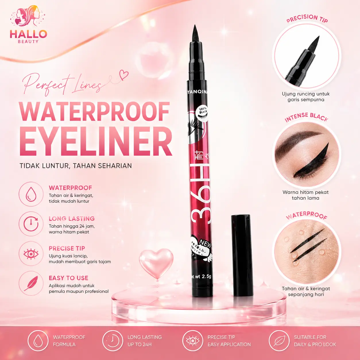 Eyeliner 36H Black Slim Eyeliner Waterproof Long Lasting Hitam