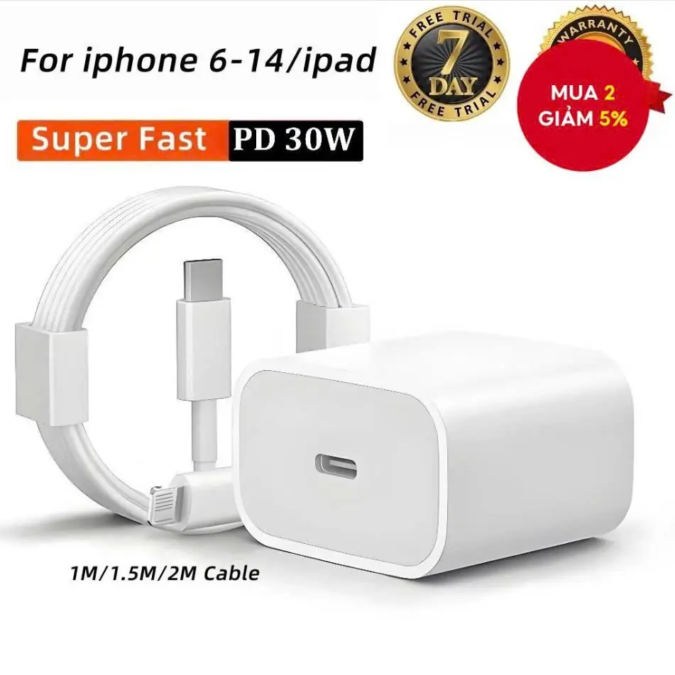 Bộ sạc nhanh PD 20W + dây cáp sạc nhanh 20W dài 1m / 1.5m / 2m cho iPhone 6-14 và iPad
