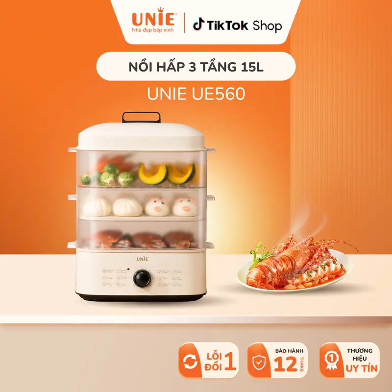[ƯU ĐÃI CÓ HẠN] Nồi Hấp UNIE Hấp Được Gà Nguyên Con 3 Tầng Dung Tích Lớn 18L, Tháo Rời Dễ Vệ Sinh, 12 Tính Năng Tiện Lợi UE560 0