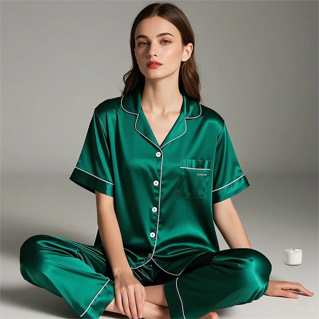 Green Silk Pajama Terno Long pants Button Loungewear Lapel Suit Sleepwear Womenswear Lingerie Lady Homewear Comfortable Nightwear Pajamas for Woman