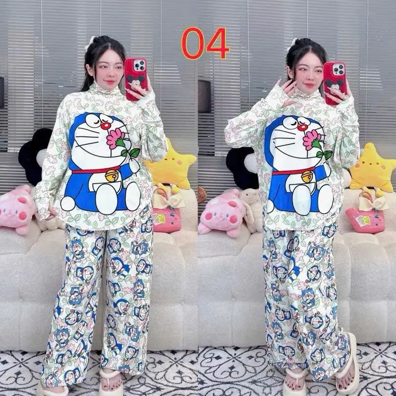 bộ ủ kem thun lạnh hoạt hình cổ tròn quần xuông Women