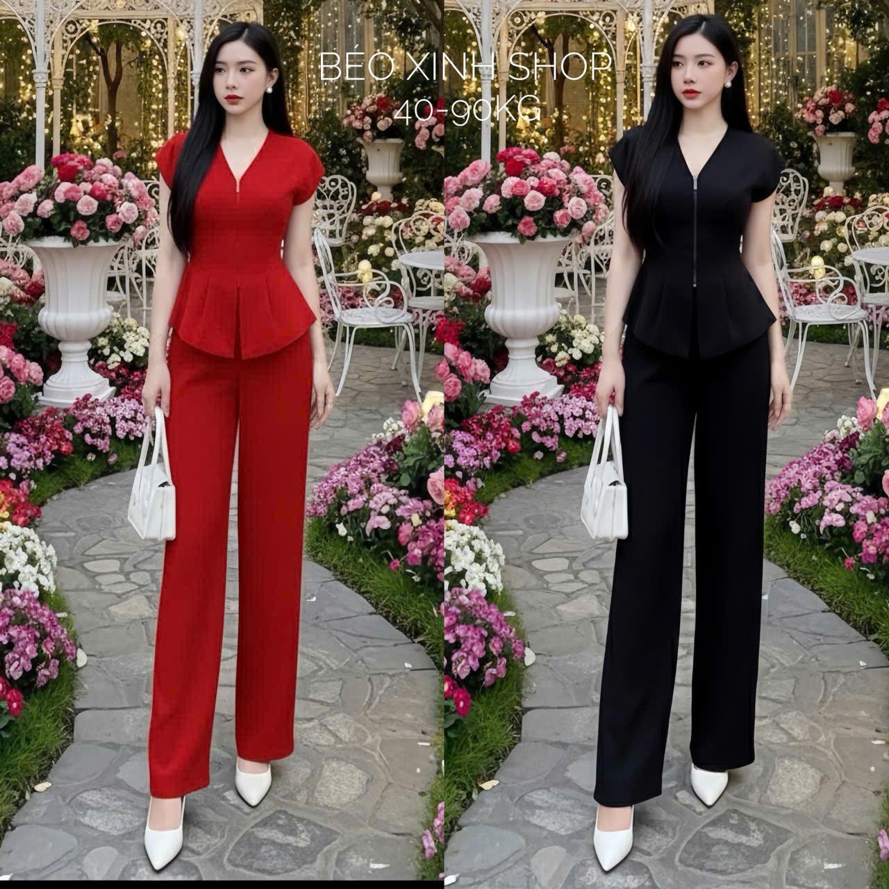 Set Quần Áo Phối Dây Kéo Cổ Tim Vải Cotton Lạnh Cho Các Nàng 40 - 95Kg Nữ Top Women Xoè - A.1459