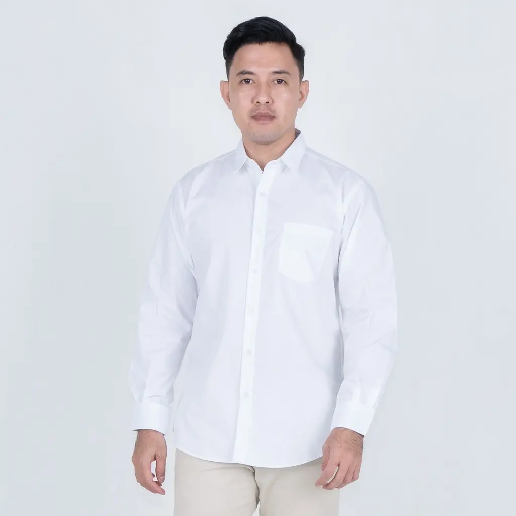BENHILL Kemeja Basic Formal Pria Panjang Katun Poplin White 09-14-16133 Casual Nyaman Putih Variasi