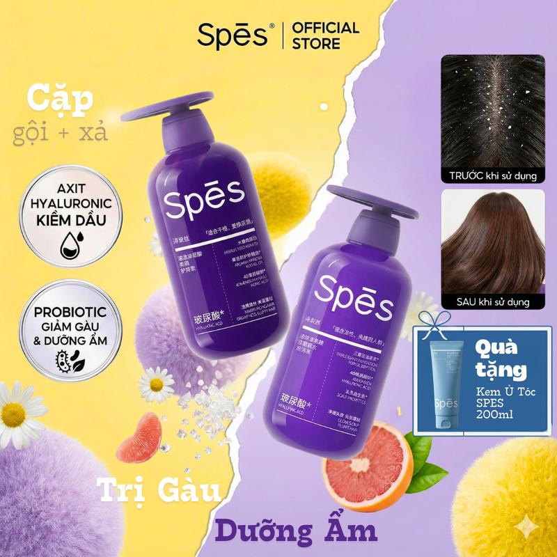  Dầu gội dầu xả SPES giảm gàu axit hyaluronic với chiết xuất muối biển kiềm dầu trị gàu và bồng bềnh tóc 500ml 