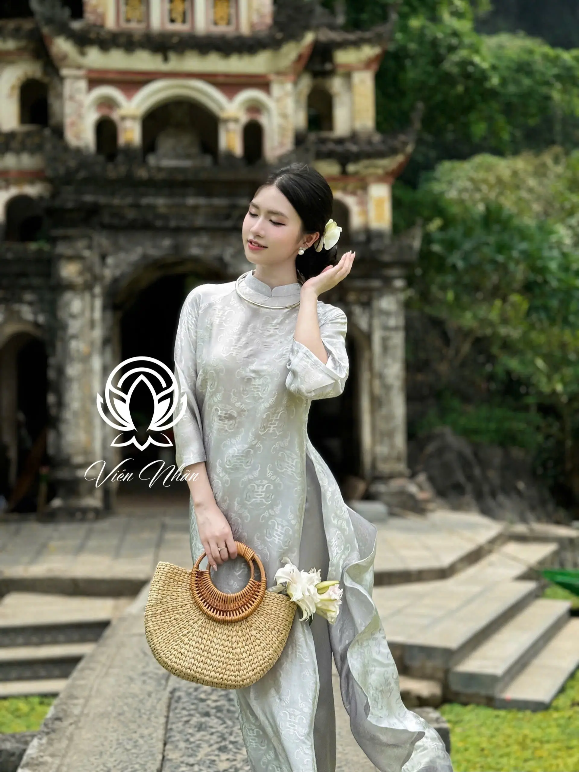 [KHÔNG KÈM QUẦN] Áo dài suông Viên Nhãn chất vải lụa tơ tằm cao cấp cách điệu họa tiết thọ dơi cổ truyền thống năng động trẻ trung