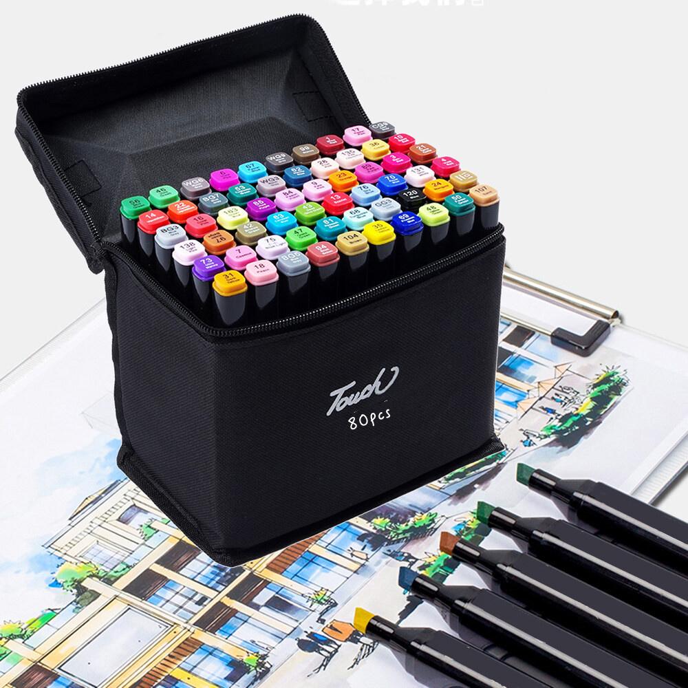 Spidol berbahan dasar minyak ujung ganda untuk lukisan anak-anak pena cat air 24-80 warna set pensil cat air lengkap 2 in 1 Markers Art Pen Plastik Stationery | Kekinian