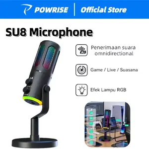 POWRISE SU8 Mikrofon Condenser USB Type-C dengan RGB Dynamic Mic untuk PC Laptop Live Streaming Gaming Recording One Click Mute Kontrol Independen Plug and Play HI-FI Audio K18 Microphone Condenser