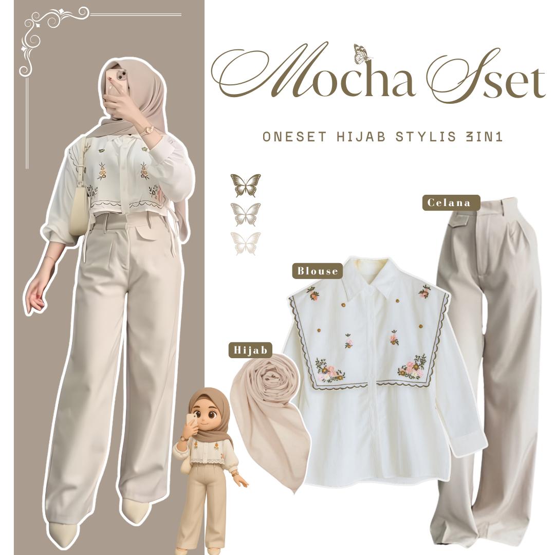 Set Mocha Outfit 3in1 - Blouse Nakeya Celana Oro Pants Hijab Segi Empat l One Set Hijab Stylish Look Soft & Elegant SO2A21