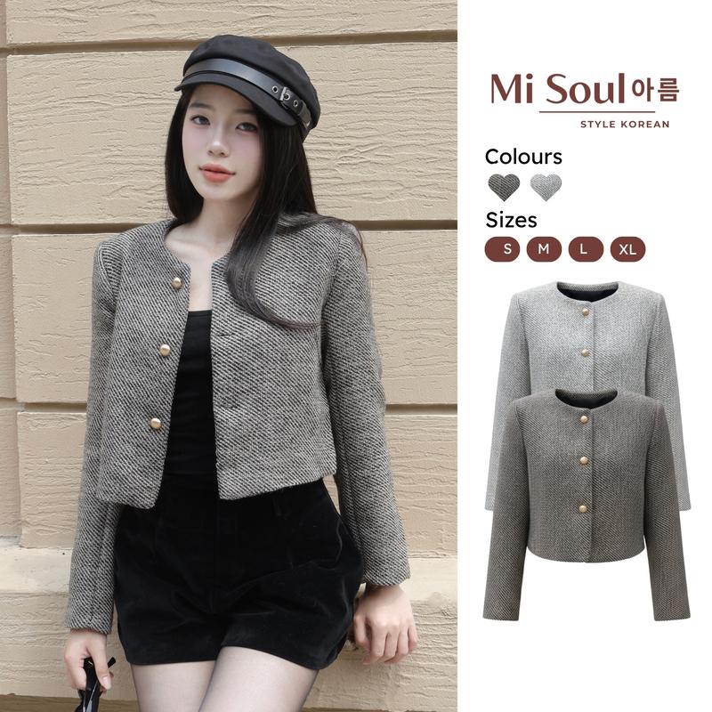  Áo Dạ Tweed Nữ Dáng Ngắn Croptop Cổ Tròn Form Tiểu Thư 494 MiSoul BigSize Áo Khoác Dạ Kẻ Thu Đông Dáng Lửng Dài Tay 