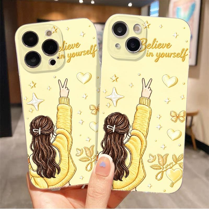 Gel mềm Phong cách Instagram Chống rơi Thời trang Sáng Tạo Phim hoạt hình Được cá nhân hóa Ốp điện thoại Nền Vàng Tóc Dài Cô Gái Minh Họa Dành cho IP17PROMAX/IP17PRO/IP17/IP16PROMAX/IP16PRO/IP16PLUS/IP16/IP15PROMAX/IP15PRO/IP15PLUS Toàn bộ dòng