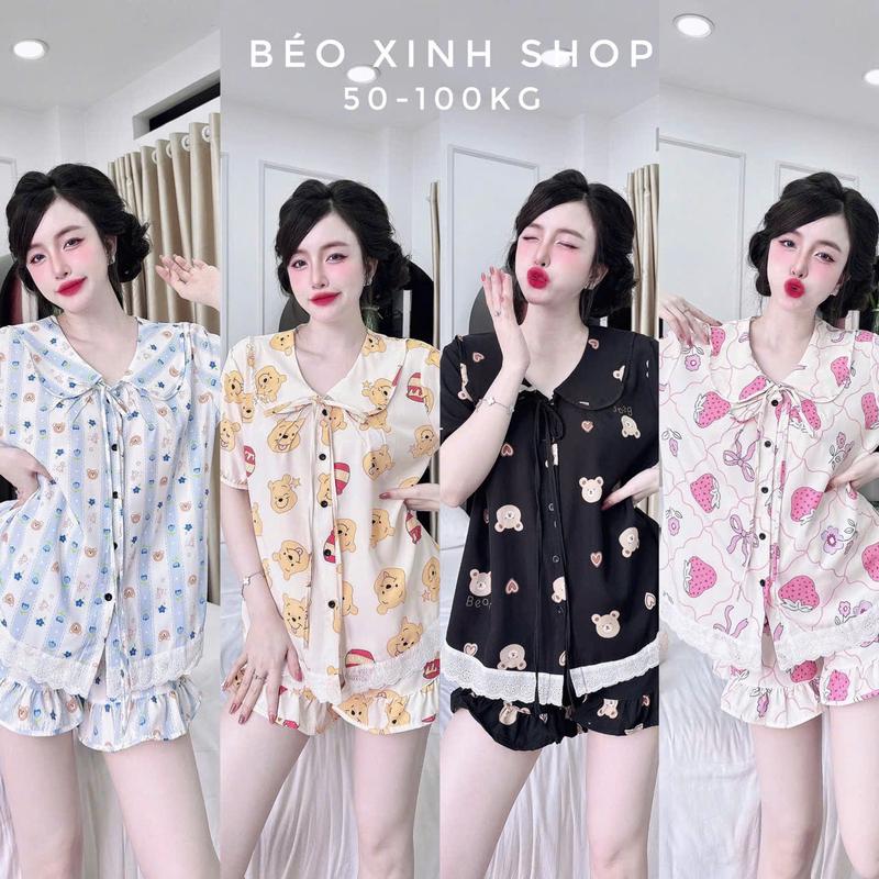 Đồ Bộ - Đồ Ngủ Quần Áo Đùi Lụa Nhật Phối Ren Tiểu Thư Pijama Bigsize 50-100kg Bộ Ngủ Nữ Nhung Lịch Women Quần Ngủ - A.5048
