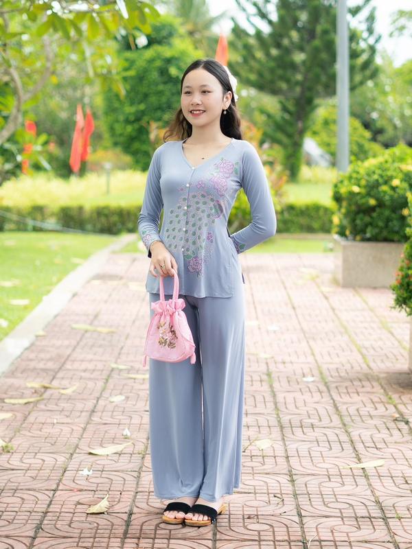  Bộ Quần Áo Bà Ba Dài Tay Cổ Tim Đính Đá Ống Rộng Nhiều Màu Chất Thun Thoải Mái Đi Chùa Đi Du Xuân 