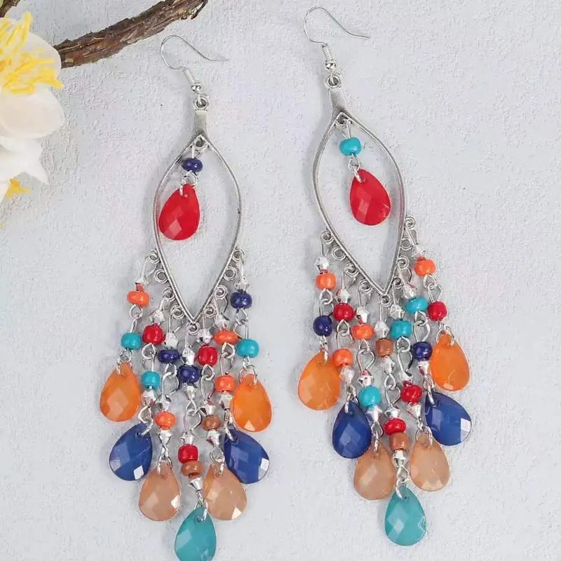 Anting-anting panjang gaya Siberia dengan batu akik warna-warni 1