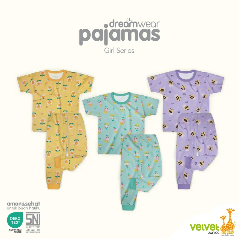 Velvet Junior Piyama Pendek Panjang Anak Perempuan DreamWear Girl - 3 STEL - Busy Bees, Sweet Daisies, Honeydwe 2