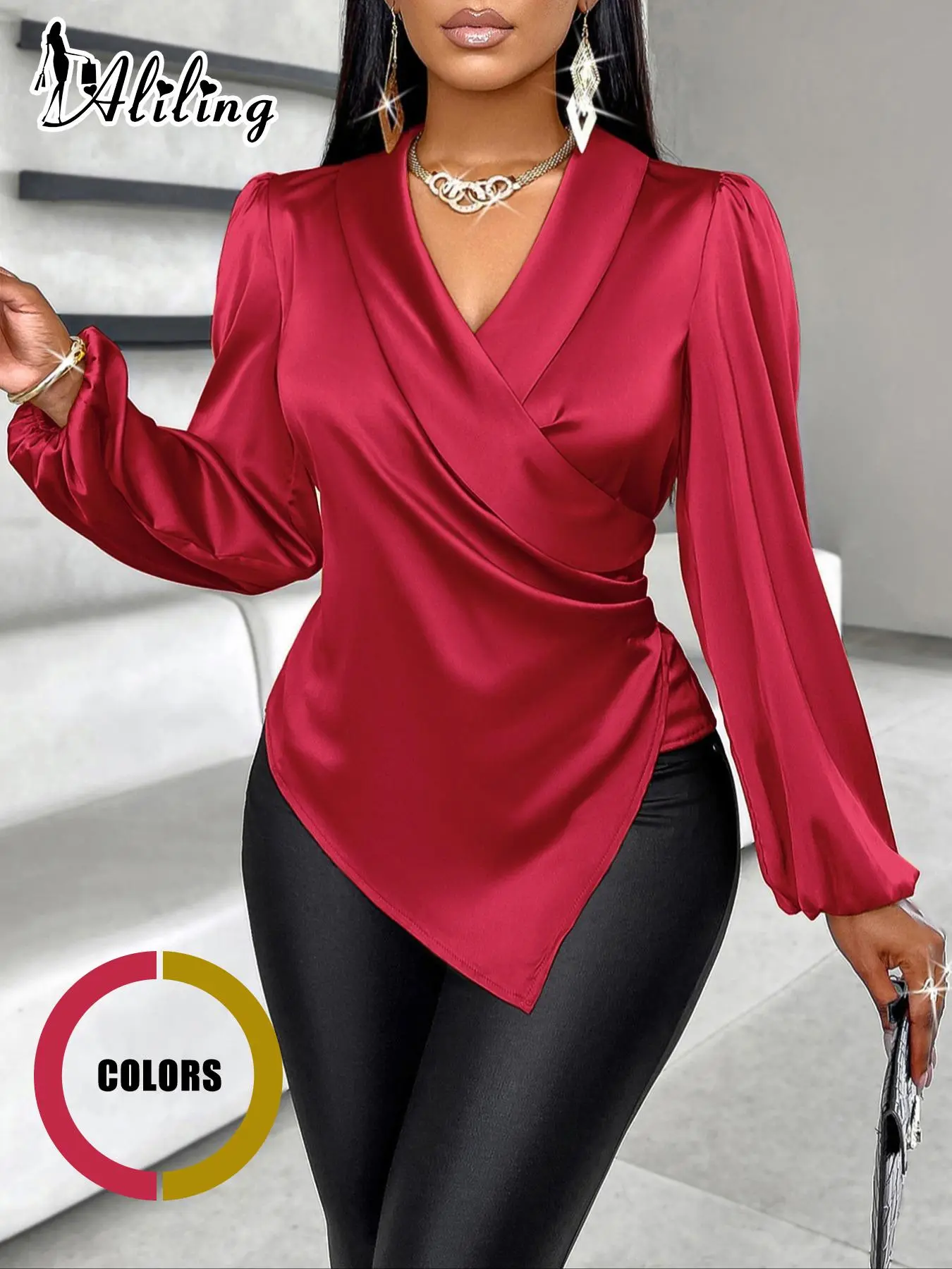 Women's Plain V Neck Satin Blouse, Elegant Bishop Sleeve Top for Summer, Ladies Clothes for Daily Wear, Shirts