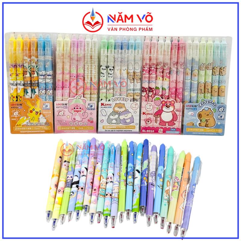 GEL BẤM HỘP 12 Cây Bút Gel Bấm Tẩy Xóa Được - Viết Gel Bấm Xóa Được Mẫu Mới Dễ Thương Ngòi Bi 0.5mm Mực Đẹp Viết Êm Mẫu Ngẫu Nhiên