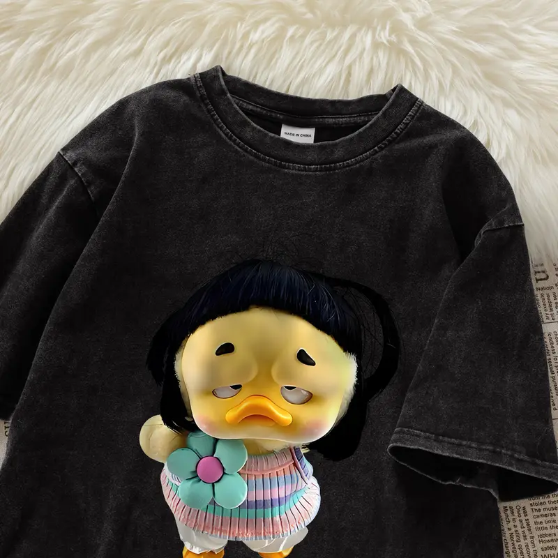 <TMG> T-shirt dicuci kebesaran | Cetakan upset duck lucu | T-shirt katun multi-warna berkualitas tinggi, baju aesthetic lucu kece premium,T-shirt katun oversized wanita dalam kualitas dicuci hitam dan putih  I000944 3