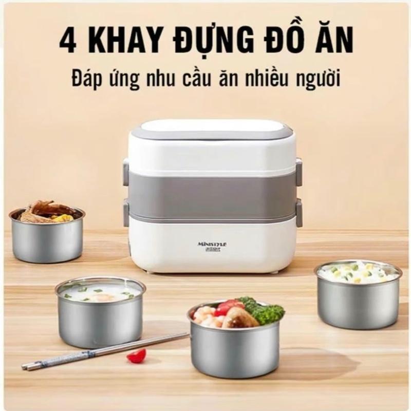  Hộp cơm điện văn phòng 2 tầng 4 bát inox giữ nhiệt hâm nóng và tự nấu chín nhỏ gọn tiện lợi 