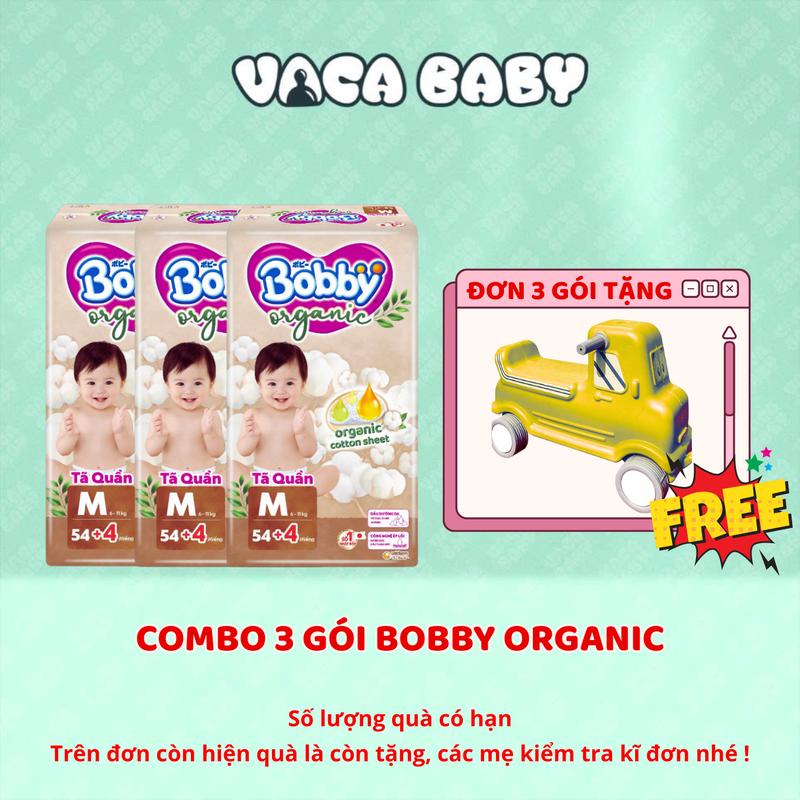 TẶNG XE CHÒI Combo 3 gói Tã bỉm Bobby Organic cho bé size M54+4 L48+4 XL46+4 XXL42+4 XXXL31+4 miếng VACA BABY