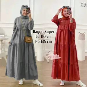 Fashion Muslim - Kirania Maxy Dress Gamis Kancing Rayon Susun Rempel 3 Polos Lengan Panjang Karet Tali Samping Nyaman Dipakai Sehari-hari