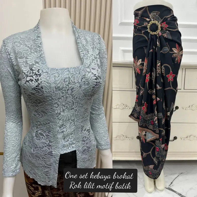 BINAYA SET One Set Kebaya Brokat dan Rok Lilit Motif Batik Kain Katun 3