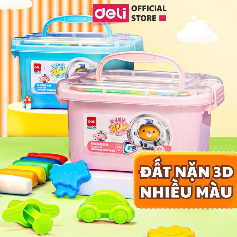 Bộ đất nặn 3D Deli 12 24 màu - Đất sét nặn an toàn không dính tay màu sắc tươi sáng kèm phụ kiện khuôn nặn cho bé Toy Đồ Chơi thông minh