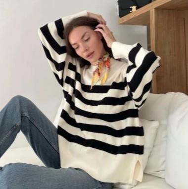 Sweater rajut oversize stripe-Diora premium Knitwear Atasan Wanita Motif Kerah Bulat Baju Fit 2