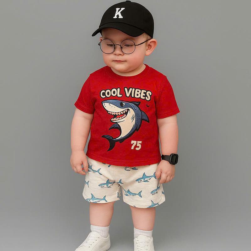 XẢ KHO HÈ Bộ quần áo bé trai cộc tay chất cotton 4c khủng long cá mập cho bé từ 8-18kg - Set 2 XẢ KHO HÈ