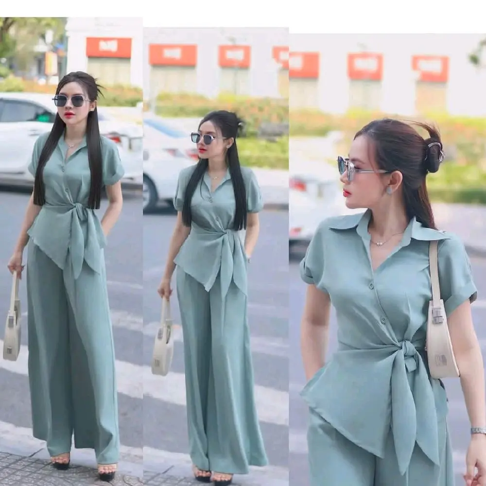 SÉT QUẦN SUÔNG ÁO THẮT NƠ SƠ MI KIỂU CHẤT VẢI LẠNH HÀN CHÂU MỀM QUẦN DÀI CÓ TÚI DÂY KÉO
