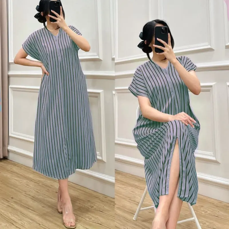 DRESS V NECK WANITA/Dress Salur Rayon Premium/Dress Korea/Dress Kekinian/Dress Busui/Daster Murah 2