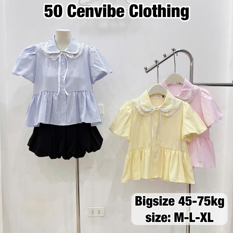 Áo Sơ Mi Nữ Dáng Babydoll Cổ Sen 2 Lá Phối Ren Cộc Tay Có Bigsize 45-75kg Phong Cách Korea (50 Cenvibe Clothing) #319