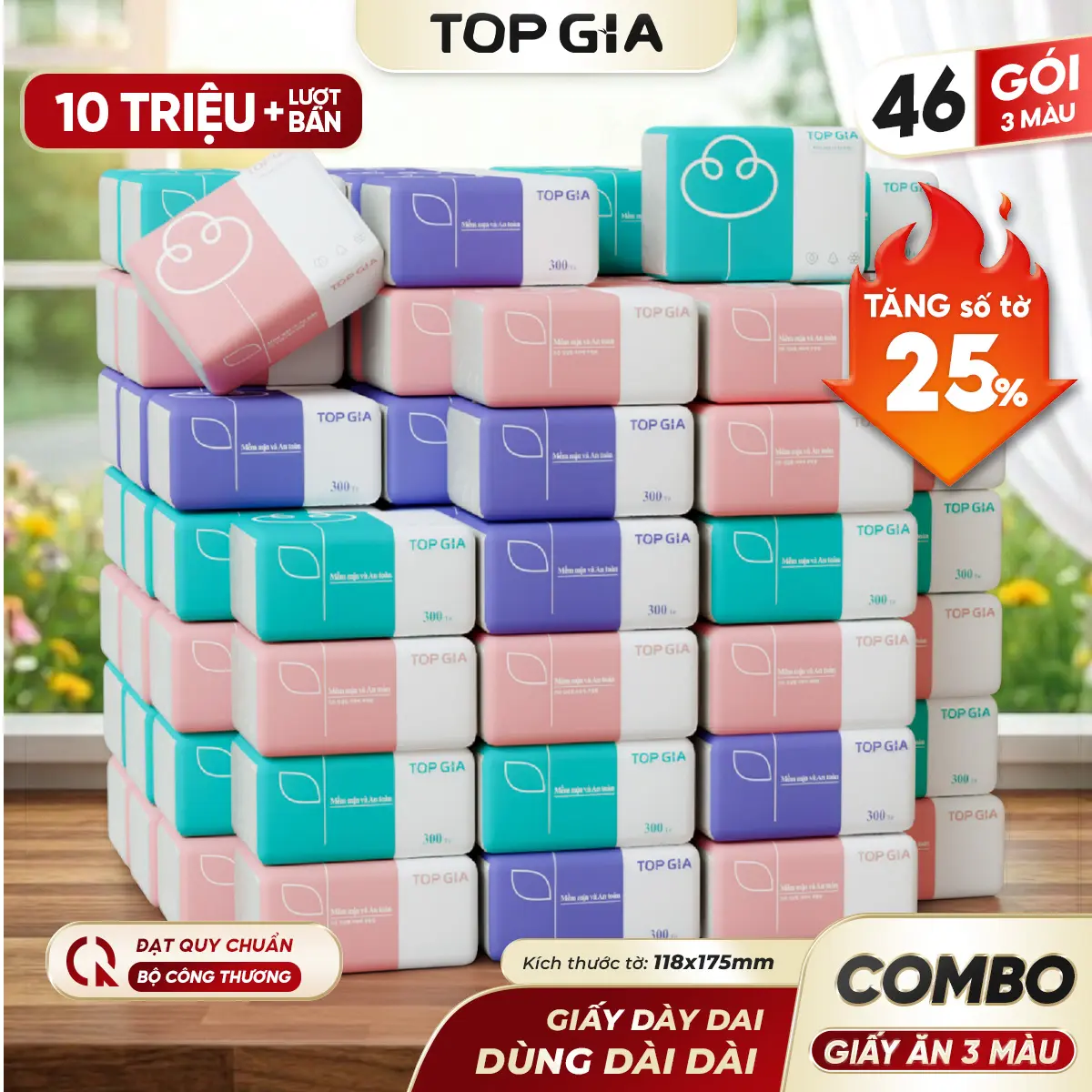 (FLS - TRỢ GIÁ) COMBO 46 GÓI GIẤY ĂN 3 MÀU TOPGIA  300 TỜ 4 LỚP Chính Hãng - Khăn Giấy Tiện Lợi 4 Lớp - Giấy Rút Cao Cấp Đạt Chuẩn Bộ Công Thương Top Gia, khăn giấy khăn ăn, giấy vệ sinh tiện lợi VTG38