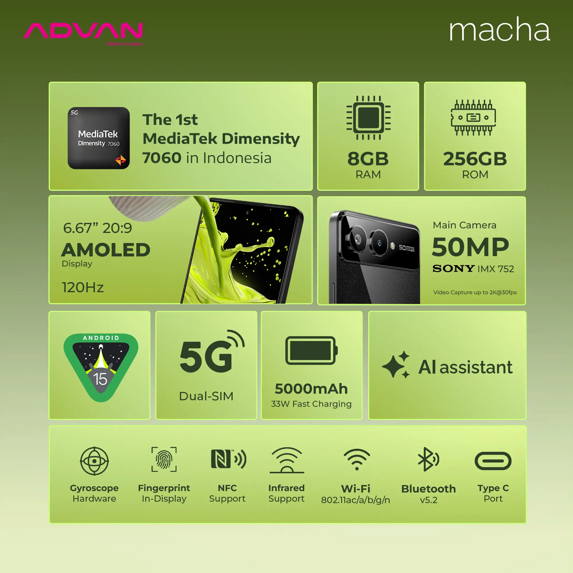 ADVAN MACHA Smartphone 5G Dimensity 7060 8GB/256GB UFS 3.1 NFC Fingerprint 5000mAh Android 15 AMOLED Display 6,67” inch 120Hz 50MP IMX752 AI Assistant Gyroscope Hardware Fast Charging