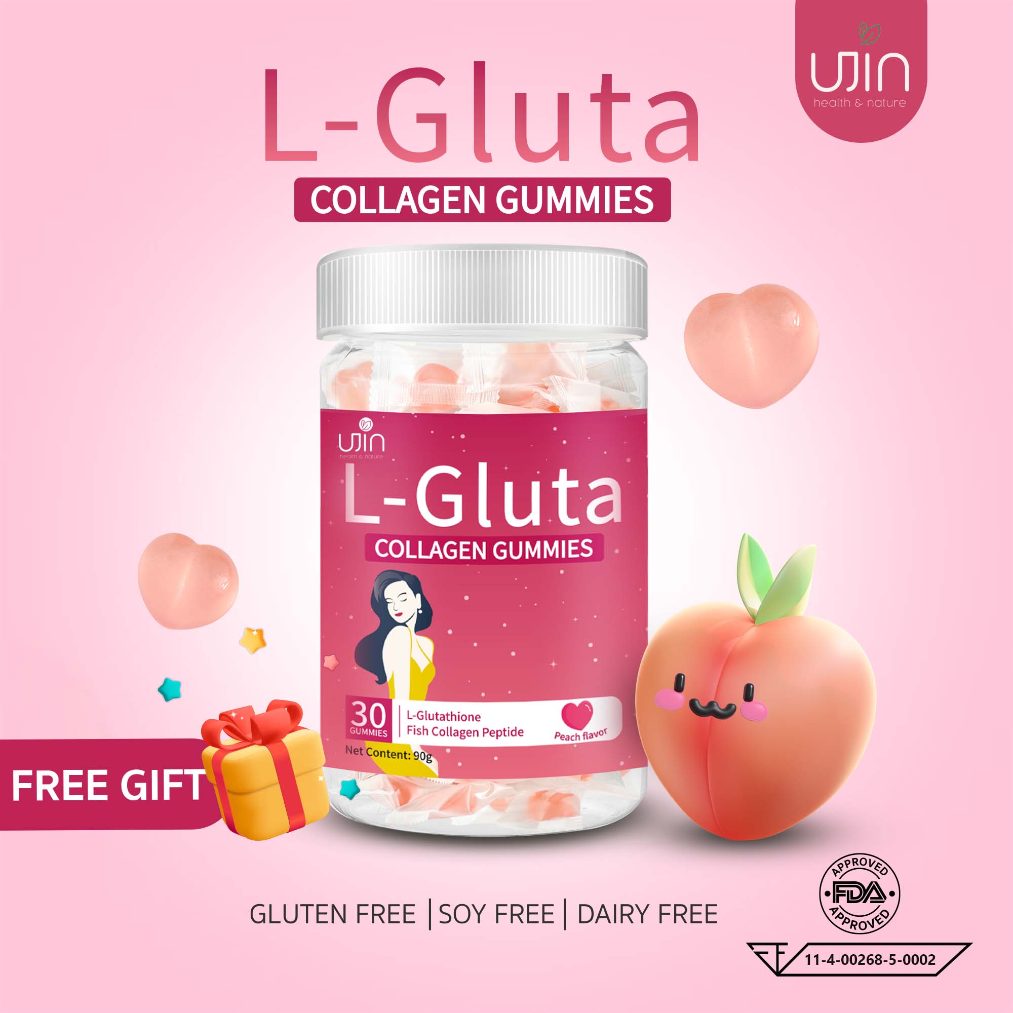 Ujin L-GLUTA Collagen Gummies กัมมี่ กลูต้า คอลลาเจน รสพีช ทานง่าย อร่อย ดูแลผิว Glutathione 30 เม็ด