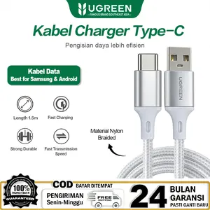Kabel Charger USB to Type C UGREEN 1m Fast Charging Nylon Braided untuk Samsung & Android