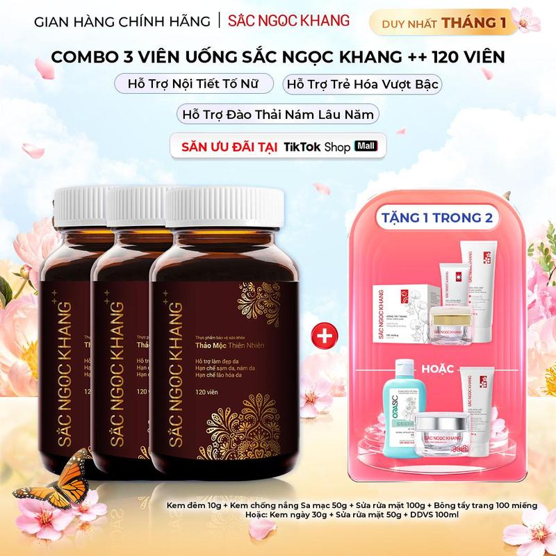   Tặng Combo Dưỡng Da  Combo 3 Hộp Viên Uống Sắc Ngọc Khang ++  Hộp 120 viên  - Hỗ Trợ Sáng Da Nội Tiết Tố Đào Thải Nám Sạm Tàn Nhang 