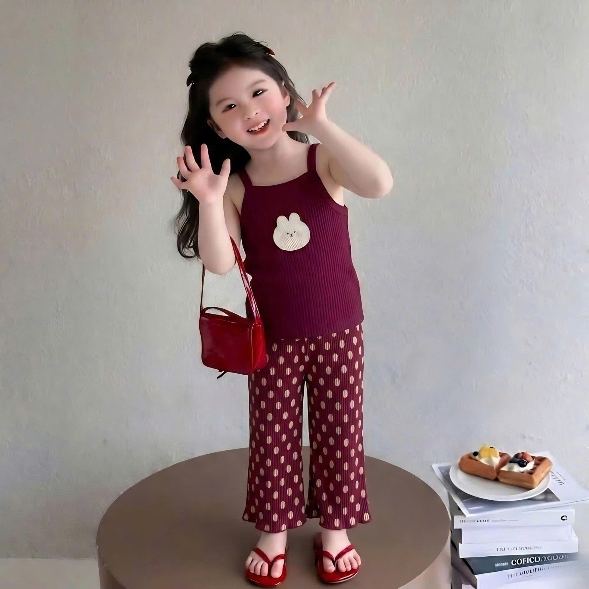AH Bộ quần áo bé gái chất tăm gân 2 dây quần xuông sz 14 - 42kg