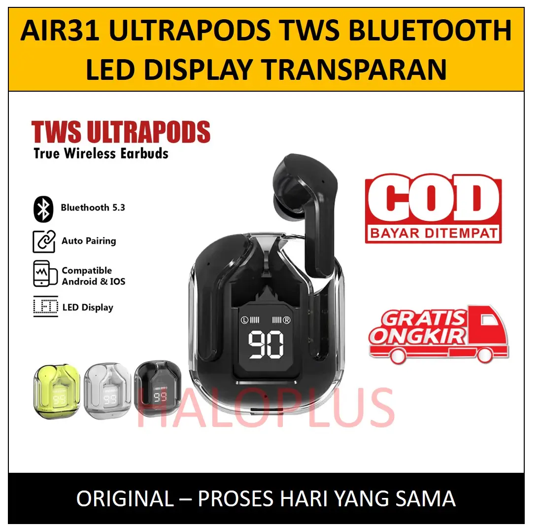 Headset Bluetooth TWS Air31 TWS Air31 Ultrapods A31 Wireless LED Display Transparan Hifi Stereo Microphone In Ear Earbuds Stylish Noise Canceling